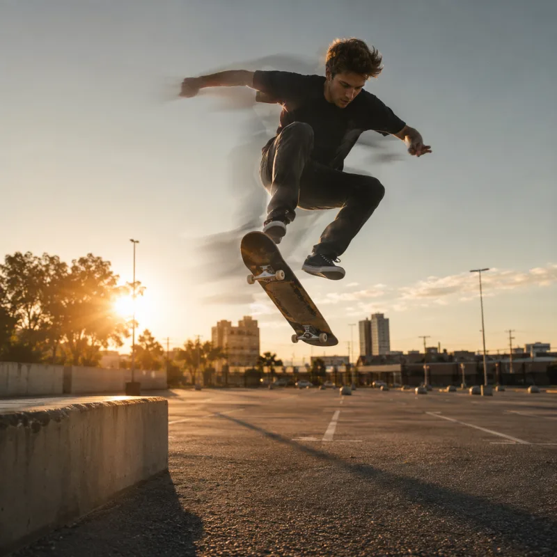 Hailuo 2.3 Sports and Action Sequence Example Hailuo 2.3 Sports Action Sample — Skateboarder Mid-Flip at Golden Hour