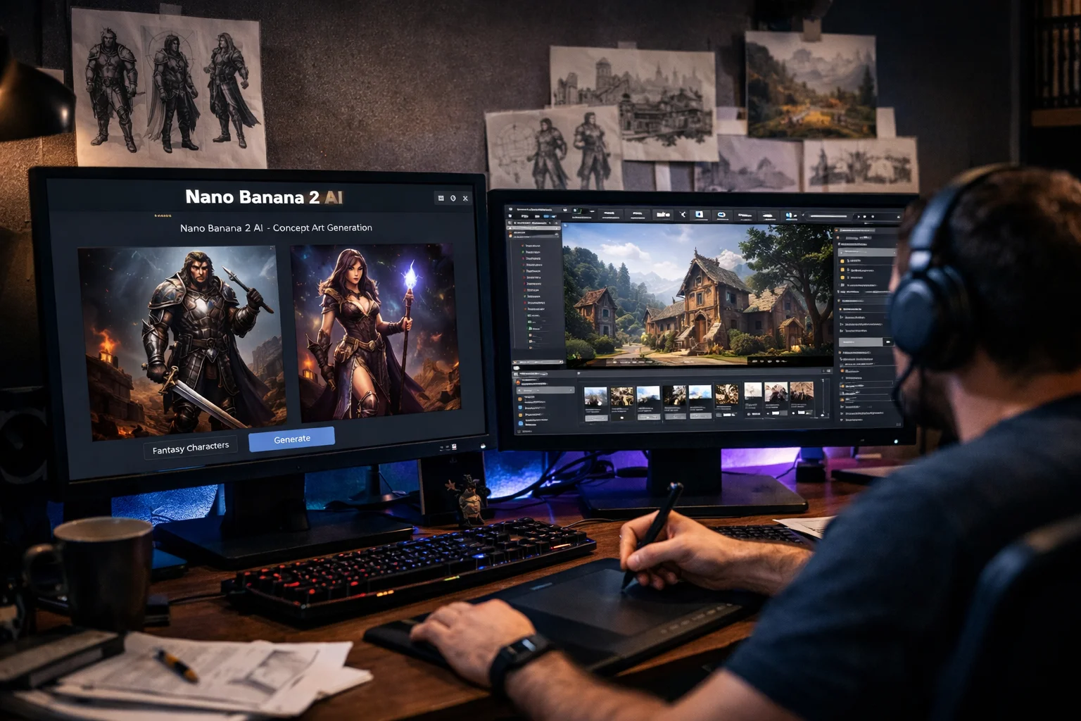 Digital artist using Nano Banana 2 AI on dual monitors for game concept art and character design
