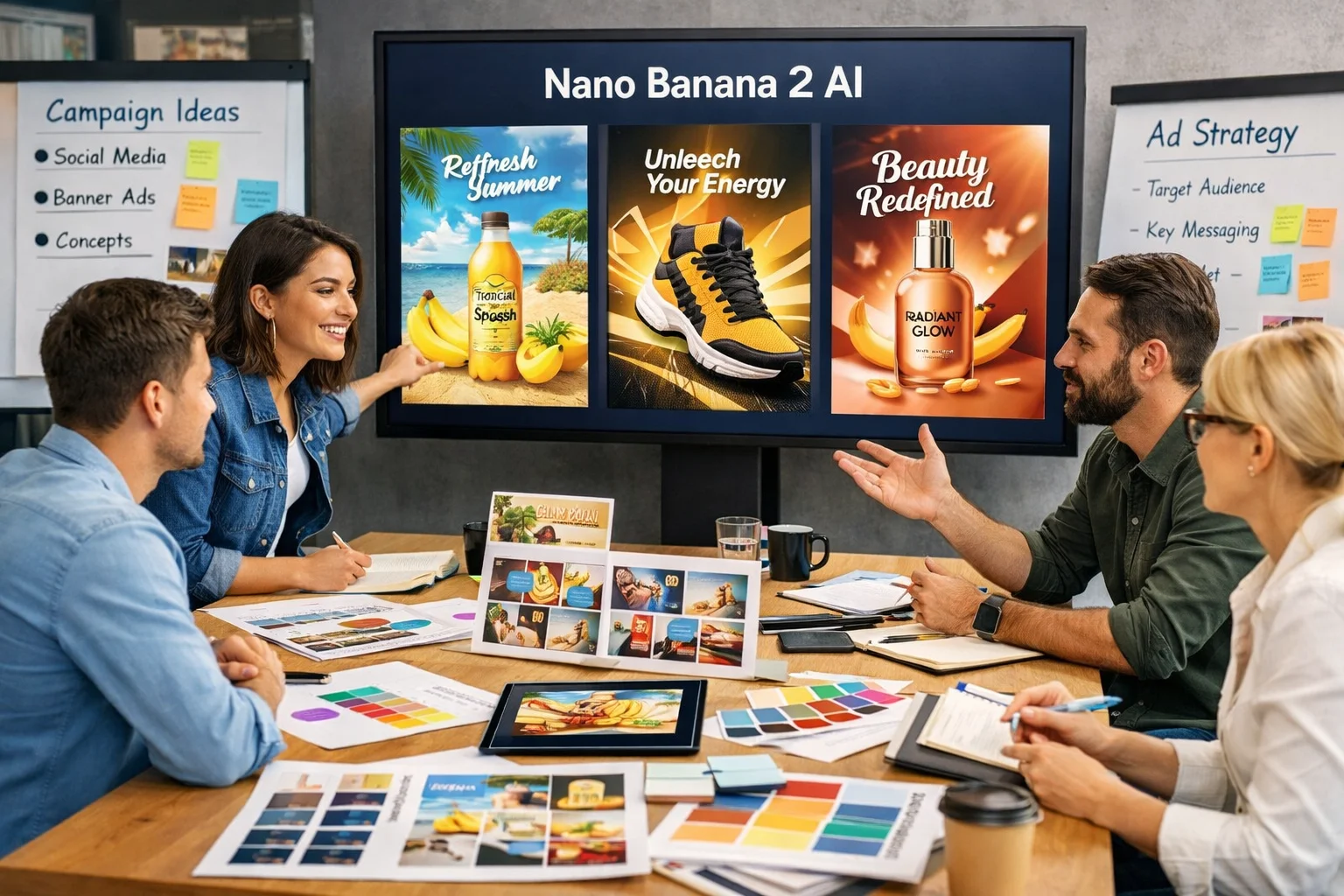Marketing team using Nano Banana 2 AI to create social media ad campaigns and banner designs