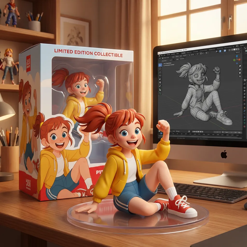 2DアートからAI生成された3Dコレクションフィギュア - パッケージモックアップ付きの詳細レンダリング