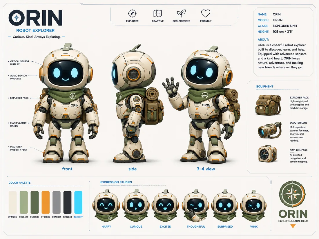 Reve 2.0 character concept sheet — consistent robot turnaround with palette