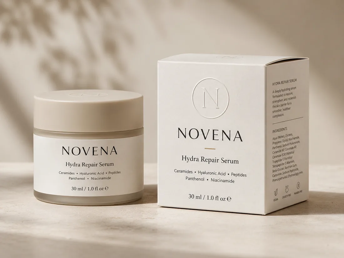 Reve 2.0 product packaging mockup — skincare box and jar with precise labels
