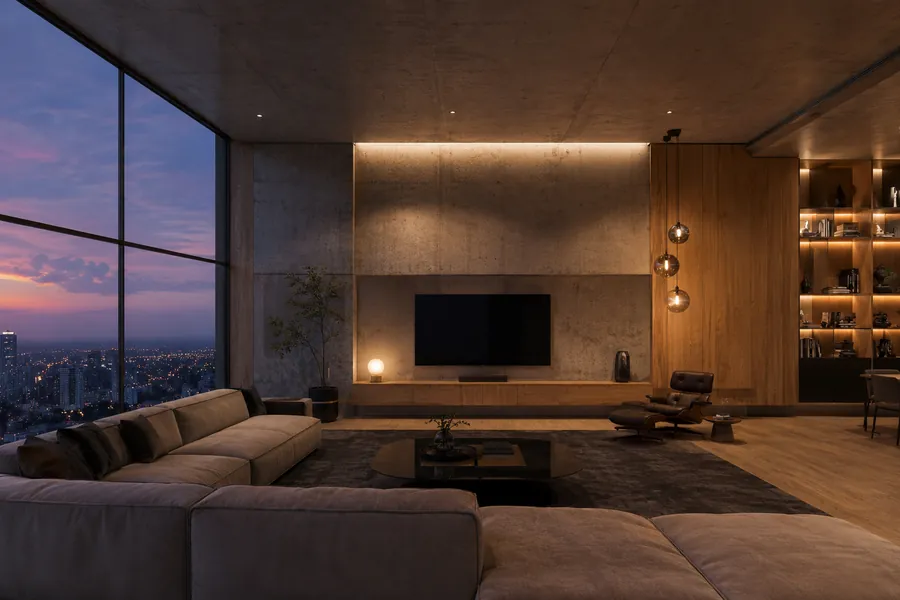 Reve 2.0 sample - modern villa architectural render at dusk