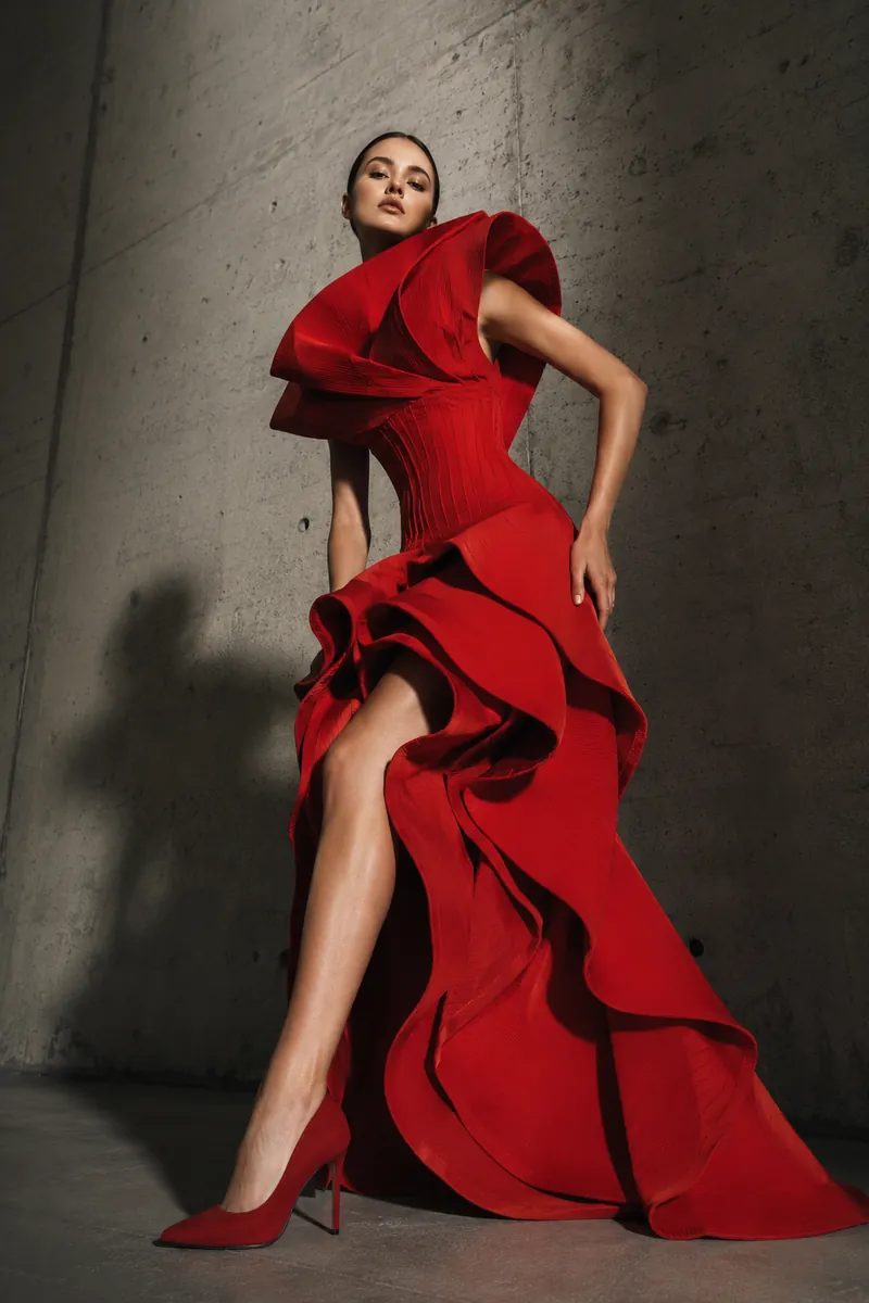 Reve 2.0 sample - high-fashion editorial portrait in red couture