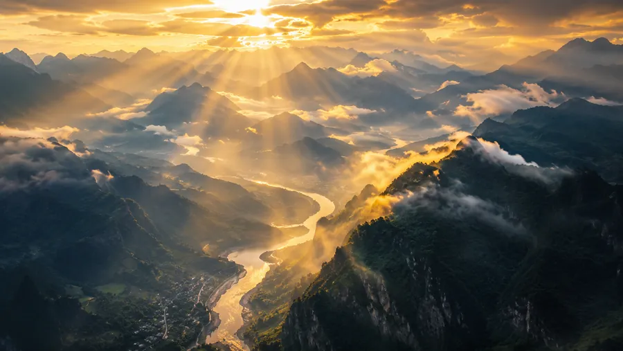 Reve 2.0 sample - sunlit valley landscape with volumetric light