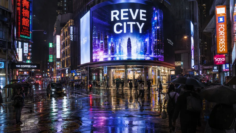 Reve 2.0 sample - rainy neon street scene with readable billboard text