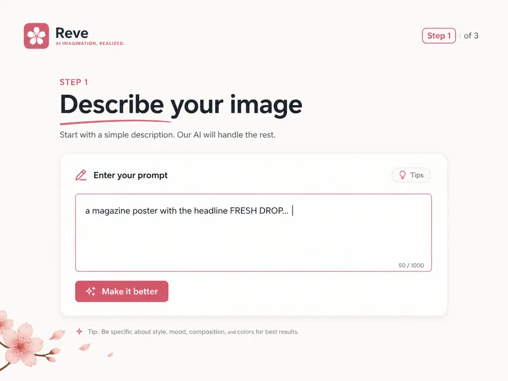 Reve 2.0 step 1 — describe or lay out the image you want