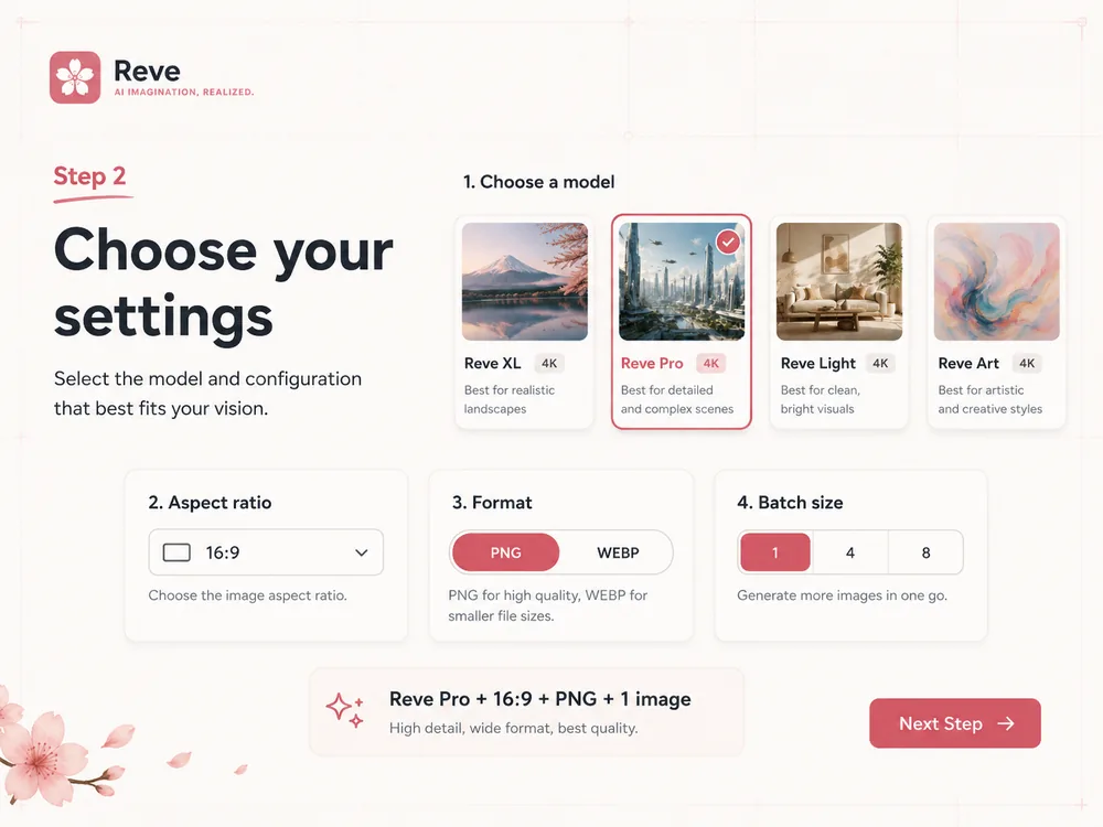 Reve 2.0 step 2 — choose size, aspect ratio and image count