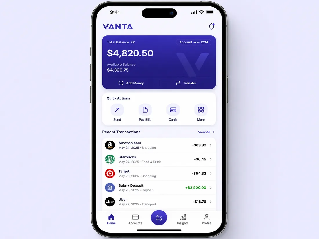 Reve 2.0 app UI mockup — a fintech screen with legible balance and labels