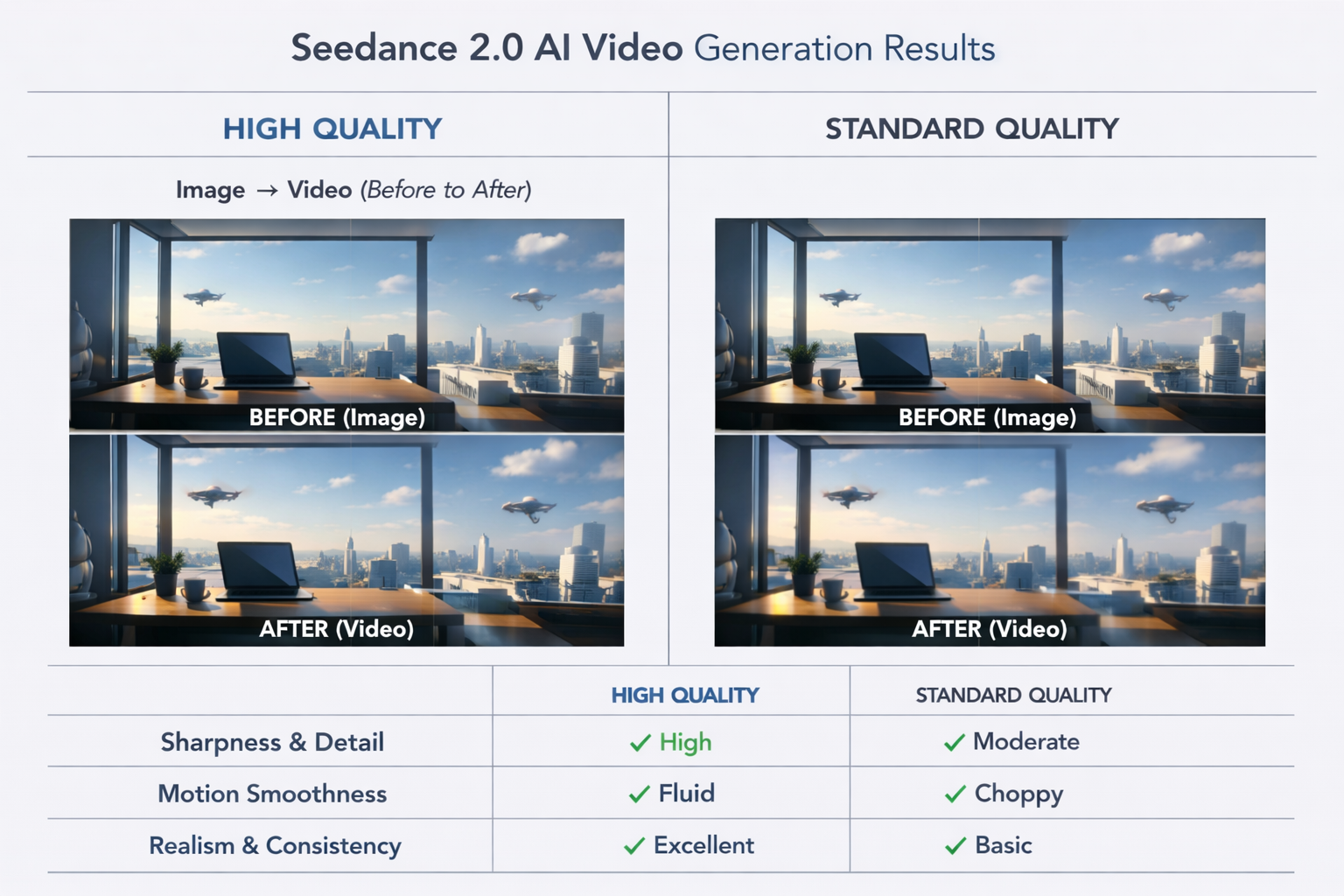 Seedance 2.0 Output Quality - Professional High Resolution AI Video Comparison Seedance 2.0 Video Quality Comparison - High Quality vs Standard AI Video Generation Results