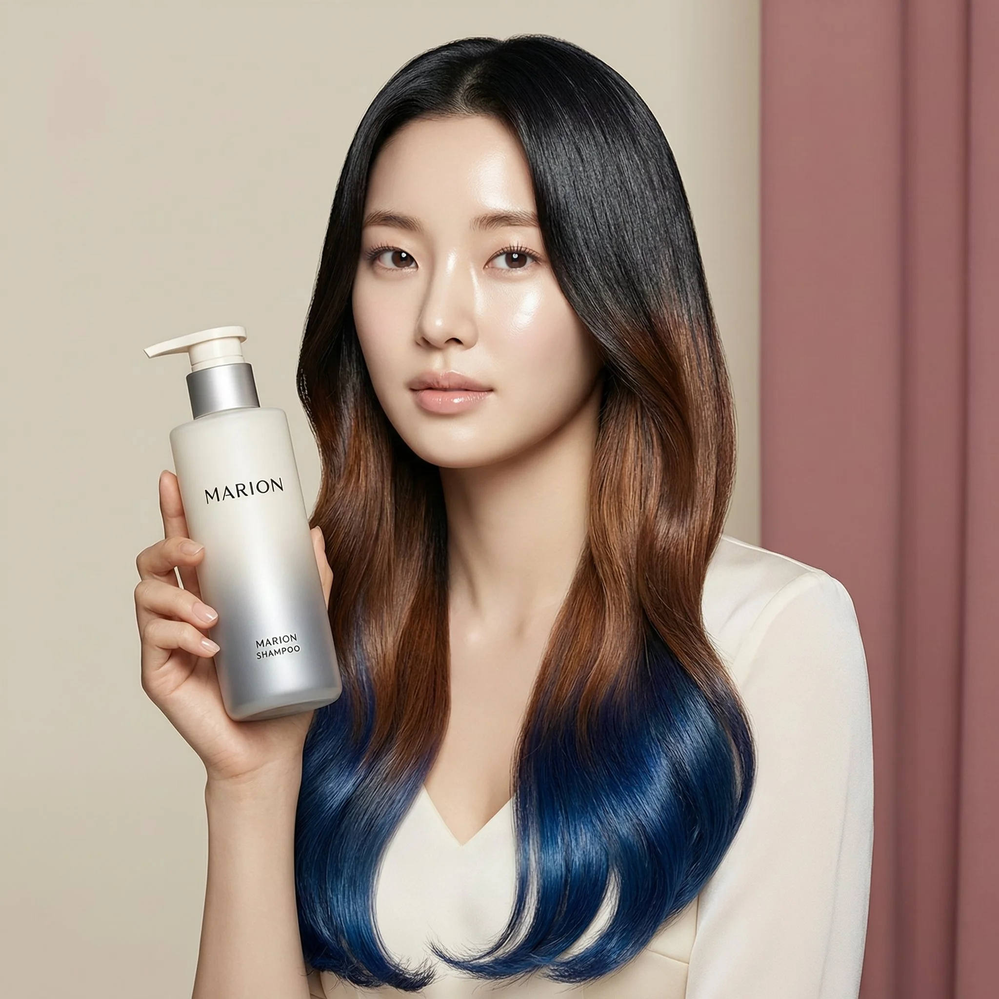 Beauty Haircare Product Portrait Wan 2.7 image generated beauty campaign portrait of a woman holding shampoo bottle with glossy hair and soft studio lighting