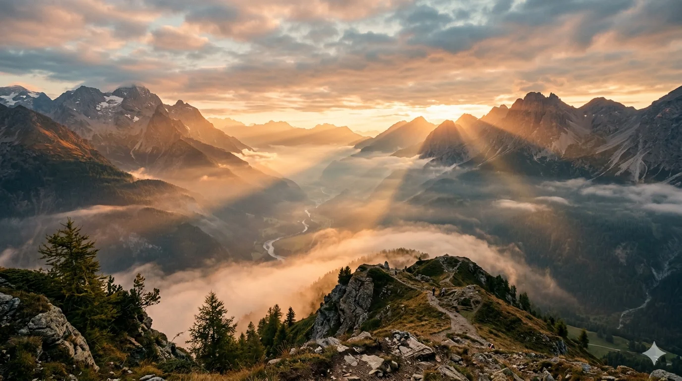 Mountain Landscape Golden Sunrise Wan 2.7 image generated photorealistic alpine mountain landscape with golden sunrise rays through morning fog