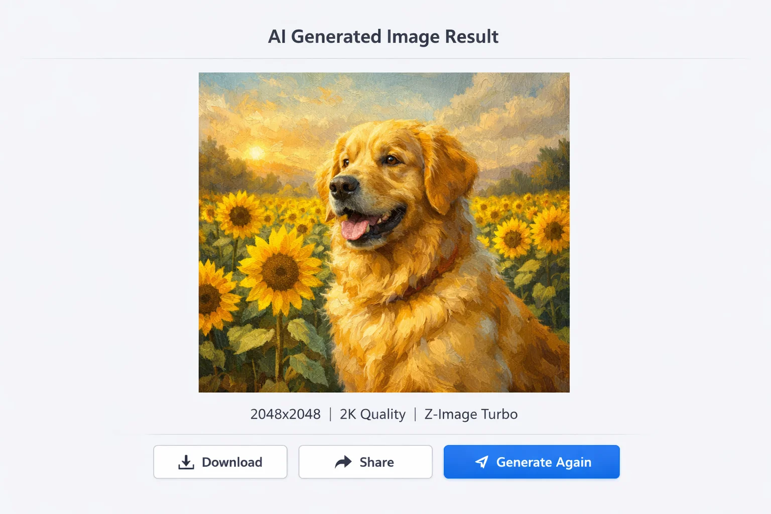 Z-Image AI generated result page with download and share options